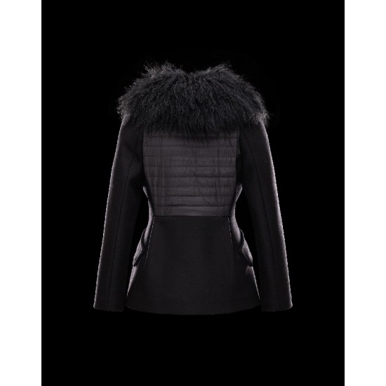 Moncler BOUVIER Classic Neckline Fur Collar Sort Dunjakke Wool Flannel/Mongolian Fur/Feather Dame 41473300FI