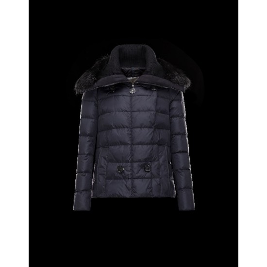 Moncler Detachable Wide Neckline Dark Blå Dunjakke Flannel Wool/Polyamide Dame 41475664KO