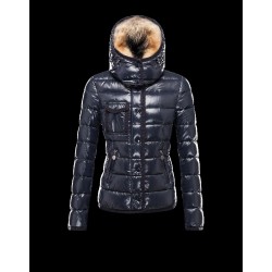 Moncler Armoise Detachable Fur Trimmed Blå Dunjakke Lacquered Nylon Dame 41224515ML