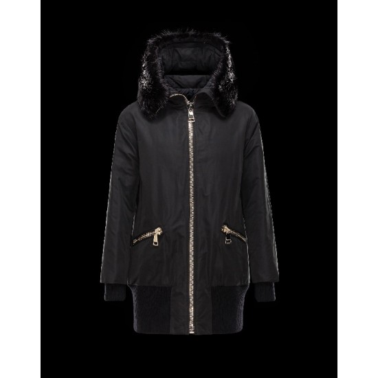 Moncler BASSIAS Detachable Turtleneck Fur Collar Sort Vinter Jakker Polyester/Beaver Dame 41466460TP