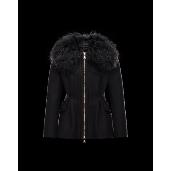 Moncler BOUVIER Classic Neckline Fur Collar Sort Dunjakke Wool Flannel/Mongolian Fur/Feather Dame 41473300FI